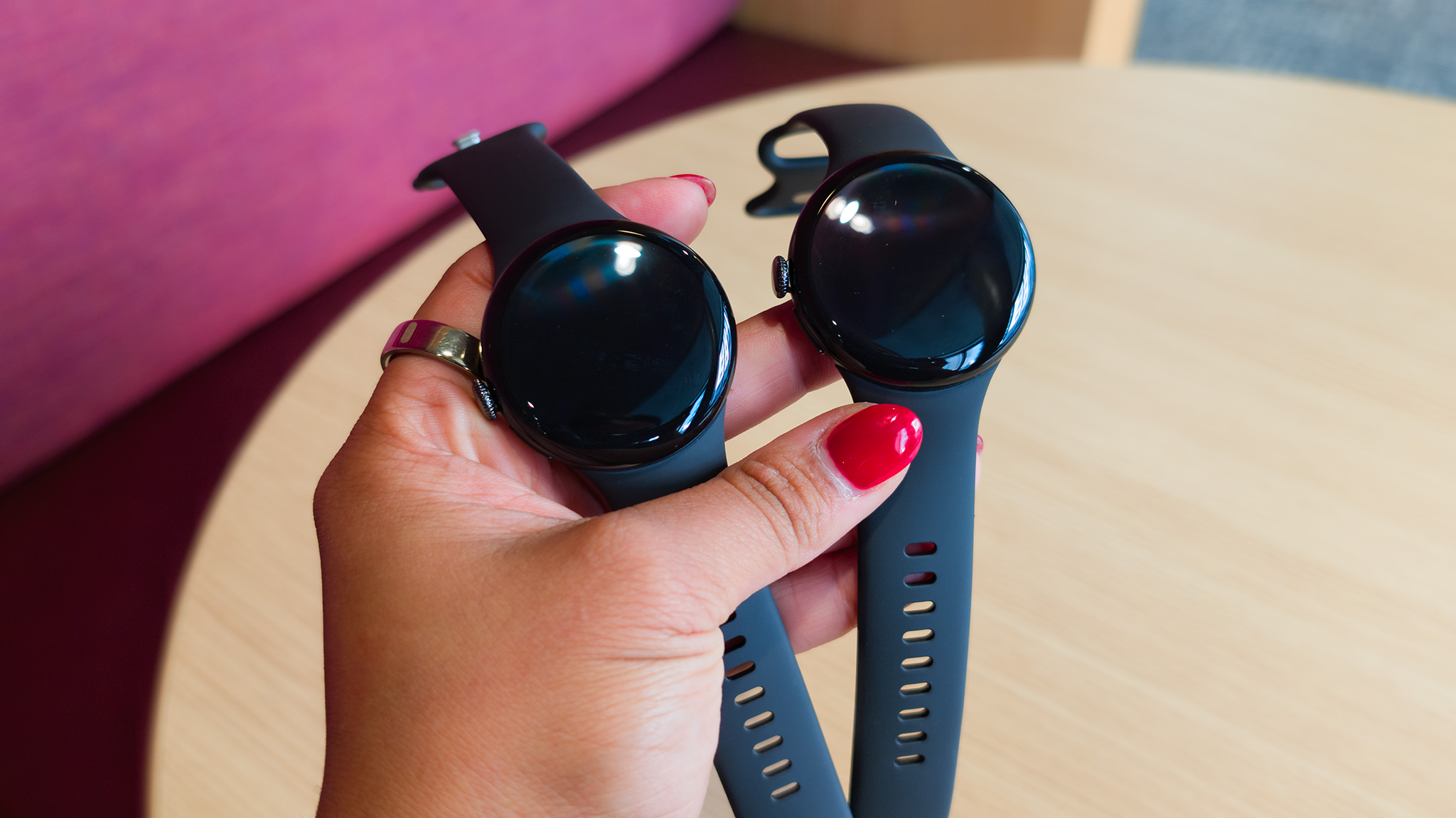 Comparing the Google Pixel Watch 4 (left) with the Google Pixel Watch 5 (right)