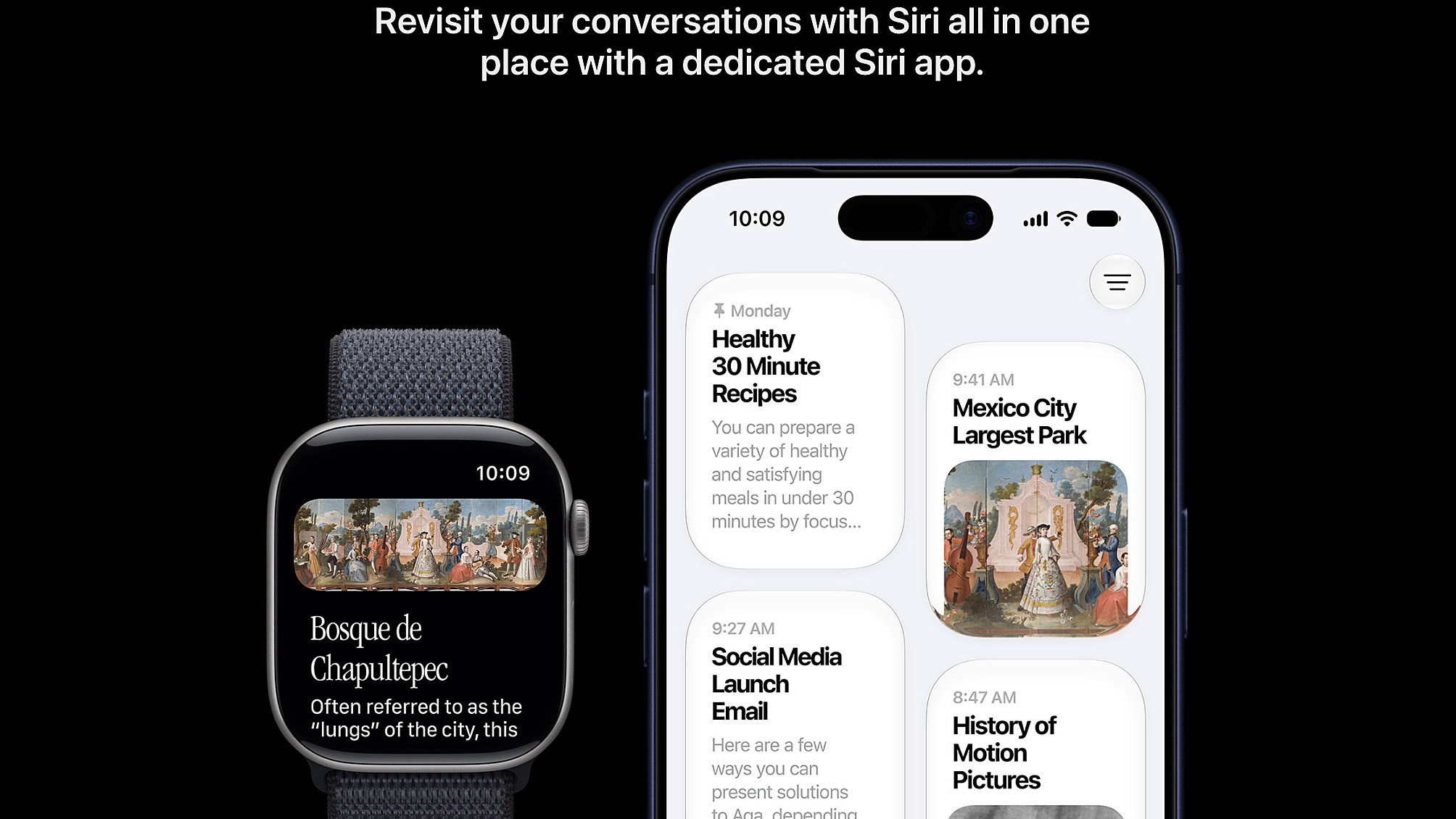 Close-up of an iPhone and Apple Watch showing a continuous Siri AI conversation