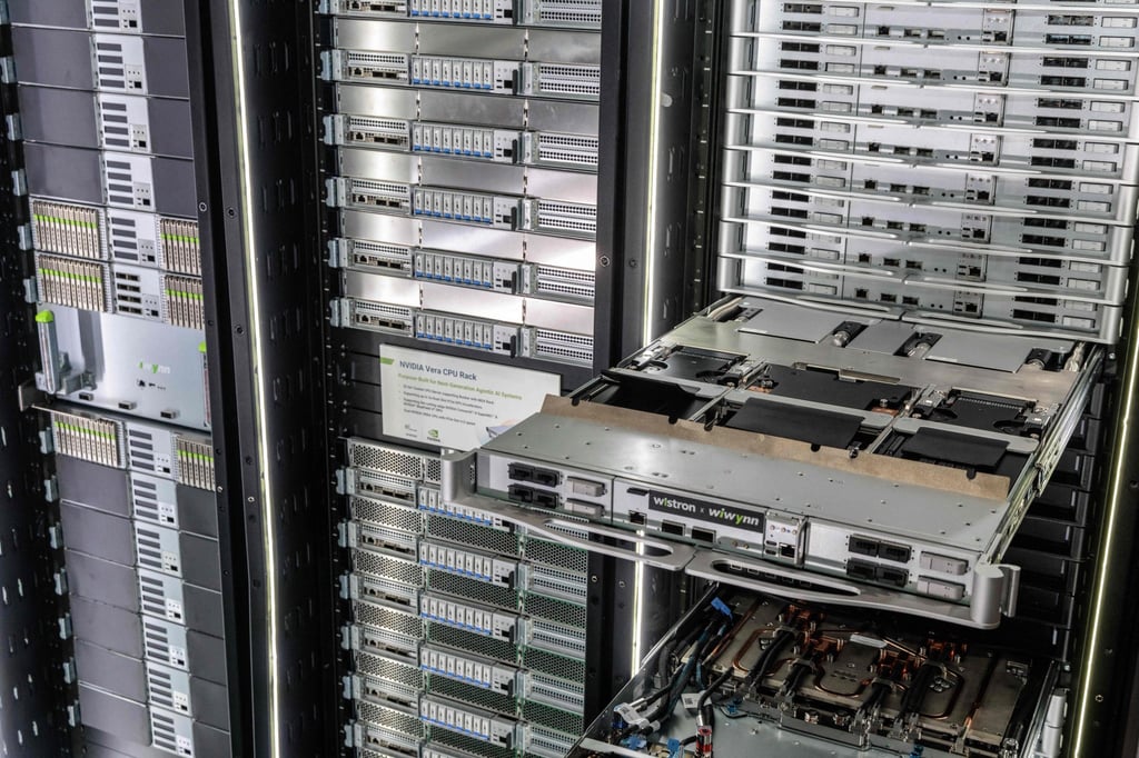 An AI data centre reference architecture is seen at the Wiwynn booth during Computex in Taipei on June 2, 2026. Photo: AFP