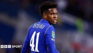 Estevao Willian looking over his shoulder while playing for Chelsea against Luton