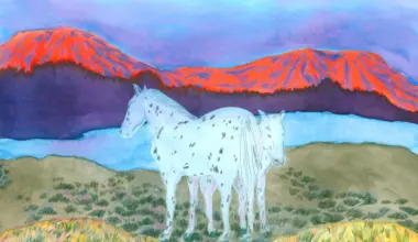 White horse standing in grassland with vibrant red-orange mountains and blue sky in the background