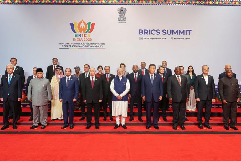 This handout photograph taken and released by Indian Press Information Bureau (PIB) on September 13, 2026 shows leaders of participating countries gather for a family photo during the 18th BRICS Summit in New Delhi. (Photo by Handout / Indian Press Information Bureau (PIB) / AFP) / RESTRICTED TO EDITORIAL USE - MANDATORY CREDIT "AFP PHOTO /INDIAN PRESS INFORMATION BUREAU (PIB)/ HANDOUT / " - NO MARKETING NO ADVERTISING CAMPAIGNS - DISTRIBUTED AS A SERVICE TO CLIENTS