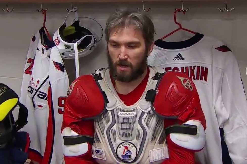 Alex Ovechkin wears a Lokomotiv patch on his chest pads