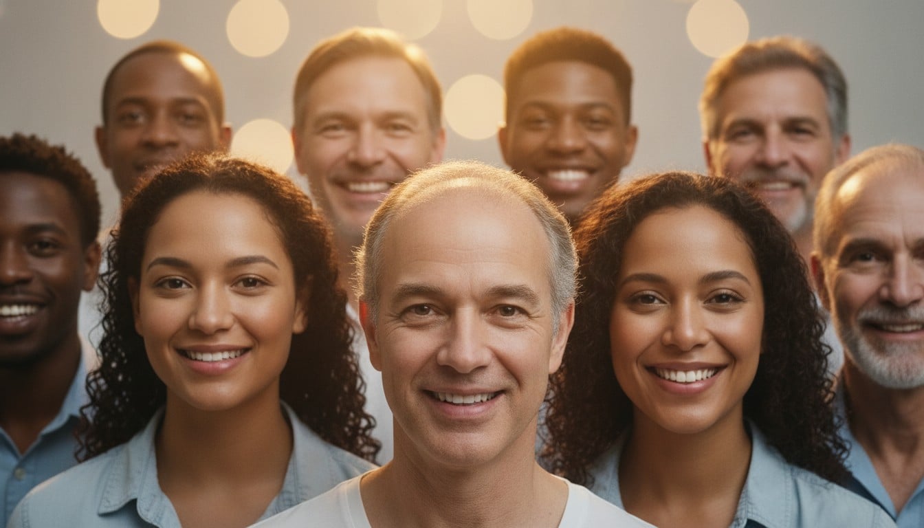 Diverse group of alopecia areata patients showing signs of hair regrowth, expressing hope and confidence