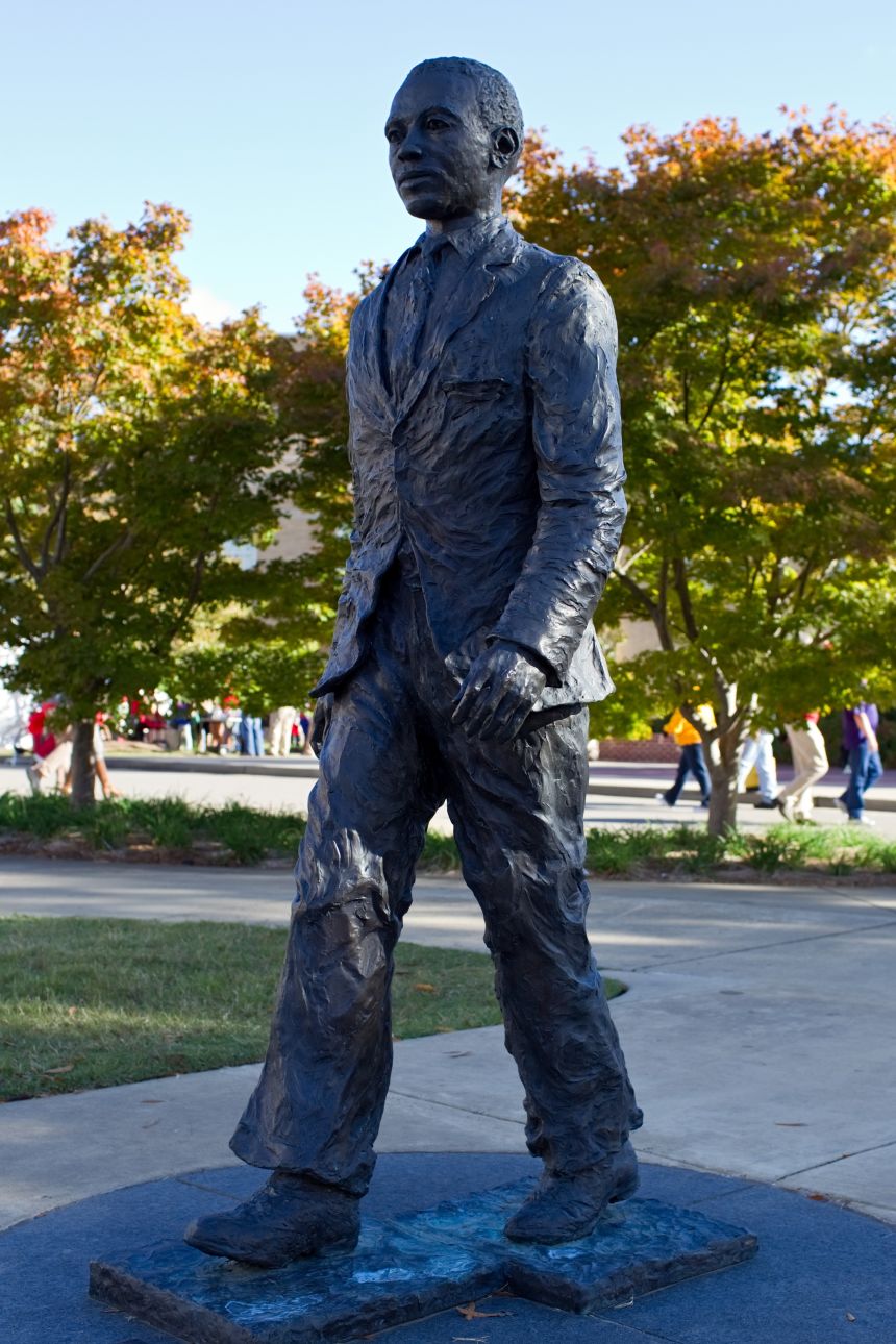 A statue of James Meredith sits on the Ole Miss Campus at Vaught Hemingway Stadium in Oxford, Mississippi