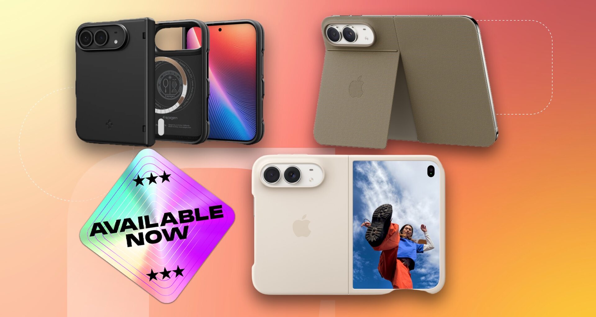 Three different case options for the iPhone Duo foldable phone displayed against a gradient orange background