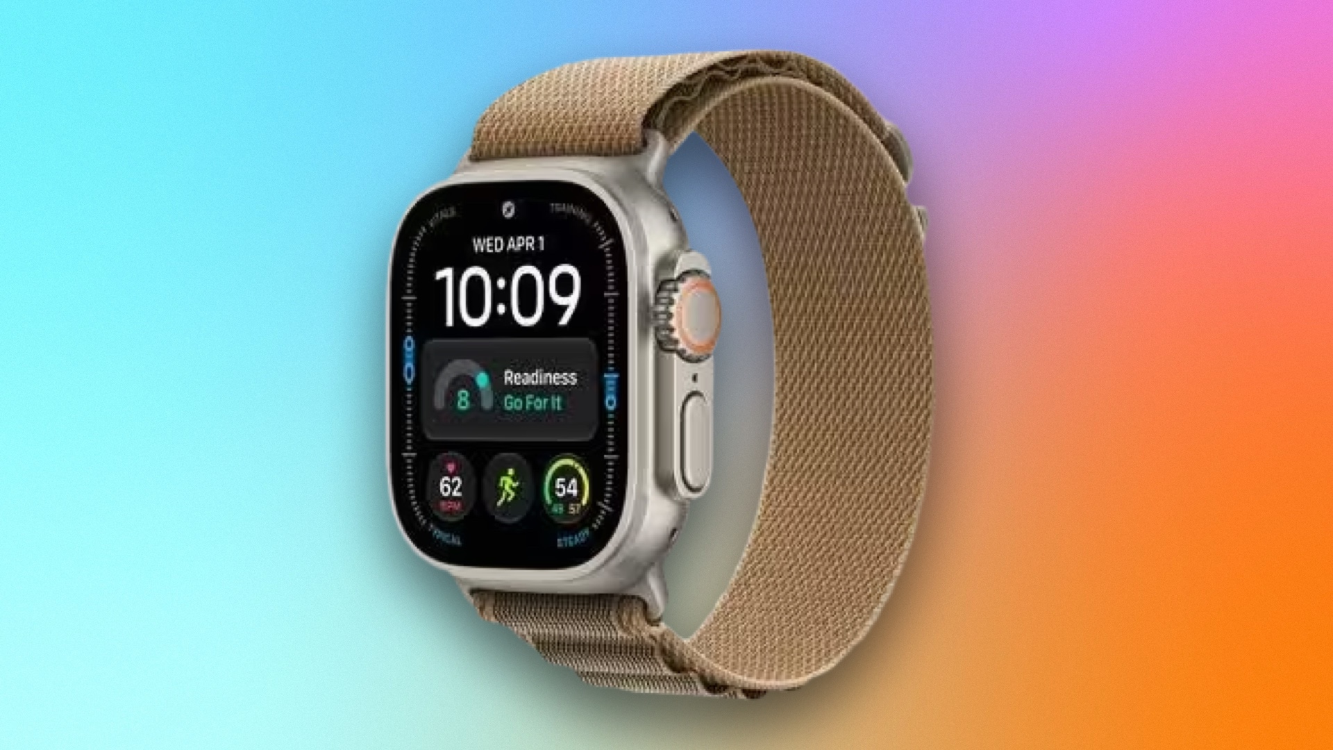 An Apple watch on a blue and orange CNET background.