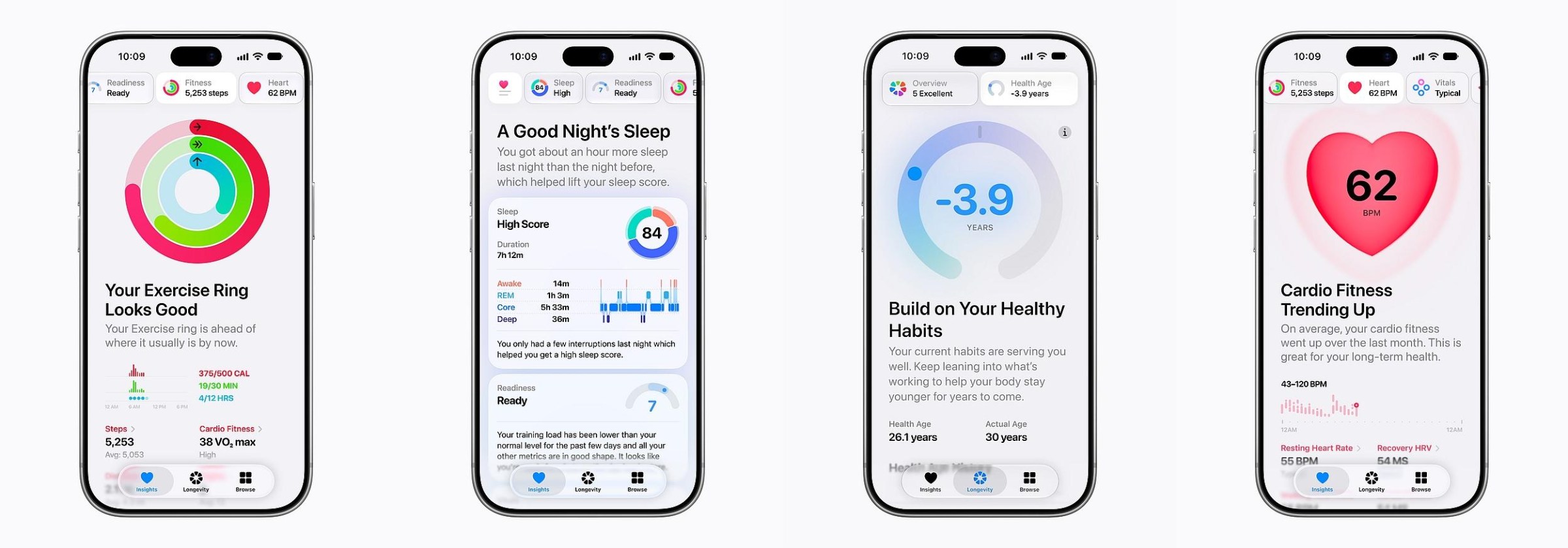 Simulated screenshots of Apple Health on an iPhone showing features like the Longevity tab and insights on sleep and heart health