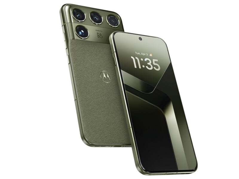 Two olive green smartphones are angled against a white background, one showing the textured back panel with a triple-camera array and the other displaying the front screen with a digital clock reading 11:35.
