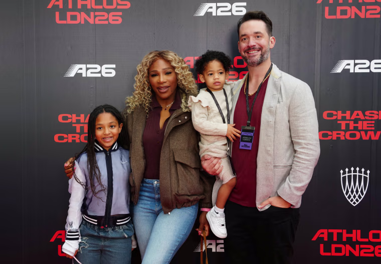 Serena Williams and Alexis Ohanian with children Adira River Ohanian and Alexis Olympia Ohanian Jr. arrive on the red carpet for Athlos 2026 at the StoneX Stadium, London. 