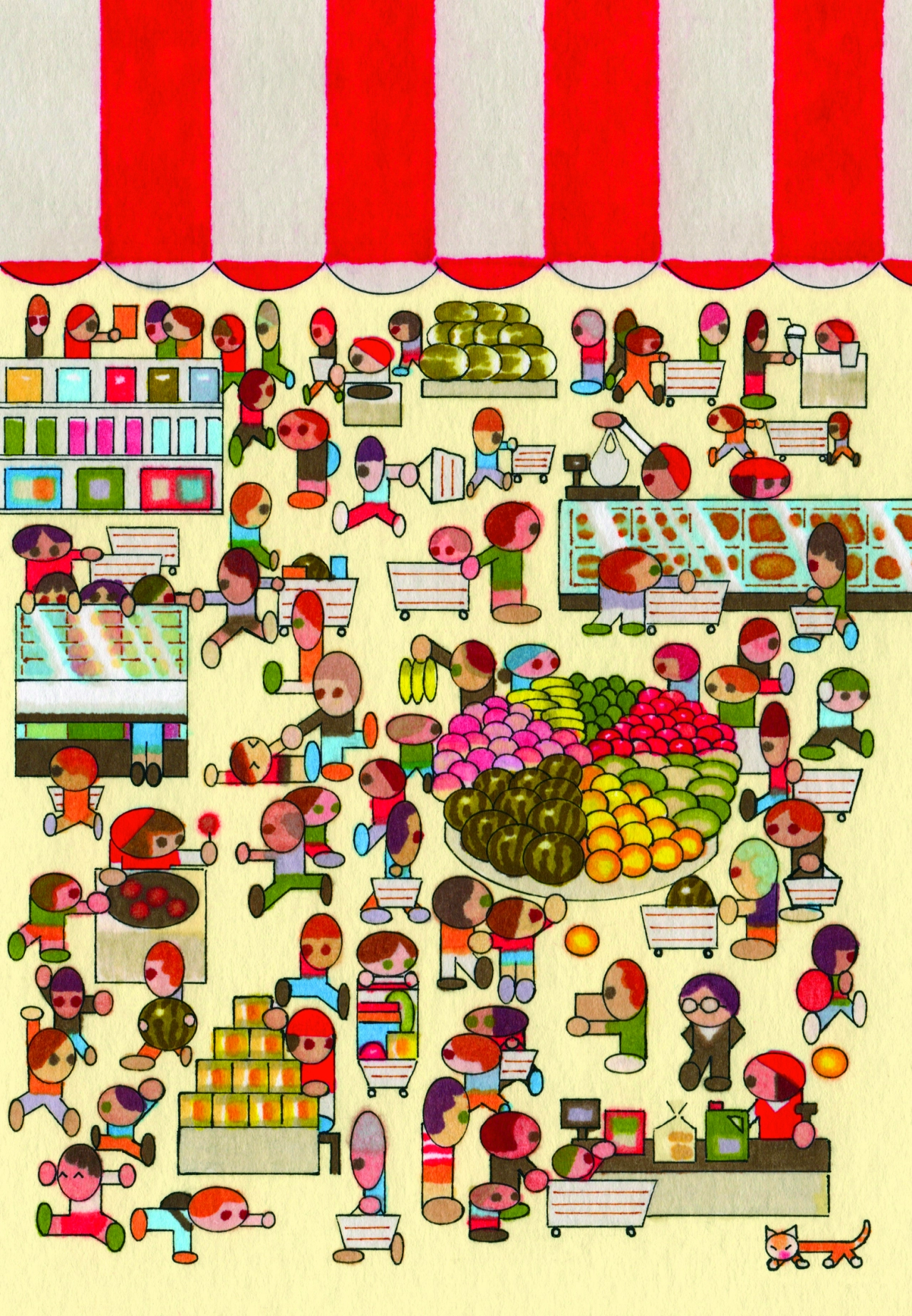Busy illustrated supermarket scene with colourful characters shopping and stocking shelves beneath a red and white striped awning, filled with fresh produce and shopping trolleys