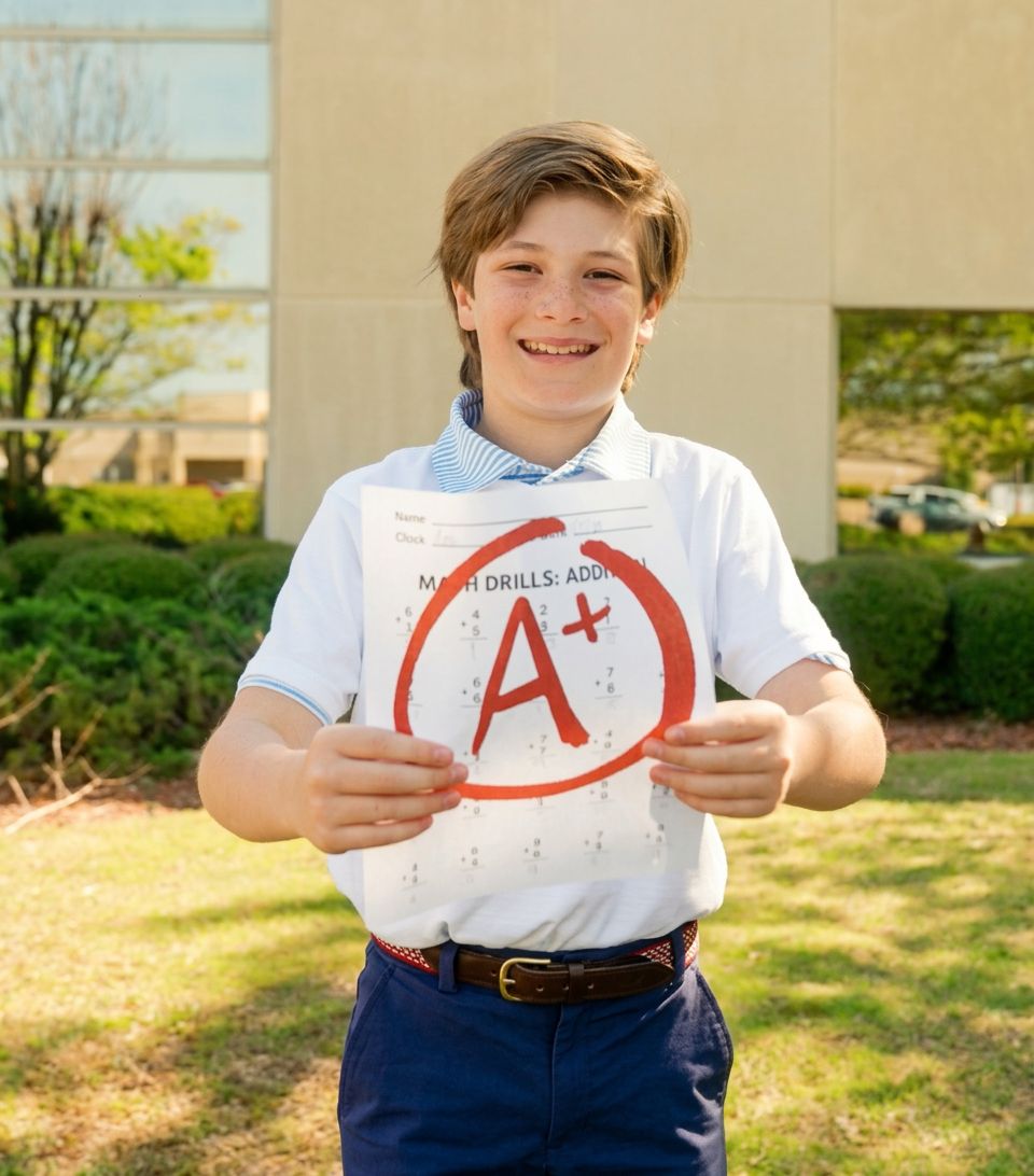 Screenshot 2026-09-09 at 4.49.31 PM young boy holding up homework with an A+ outside of a credit union
