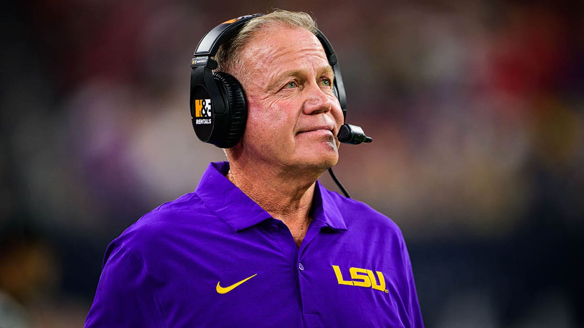 Brian Kelly of the LSU Tigers gestures during a game against the USC Trojans at Allegiant Stadium on Sept. 1, 2024 in Las Vegas, Nevada.