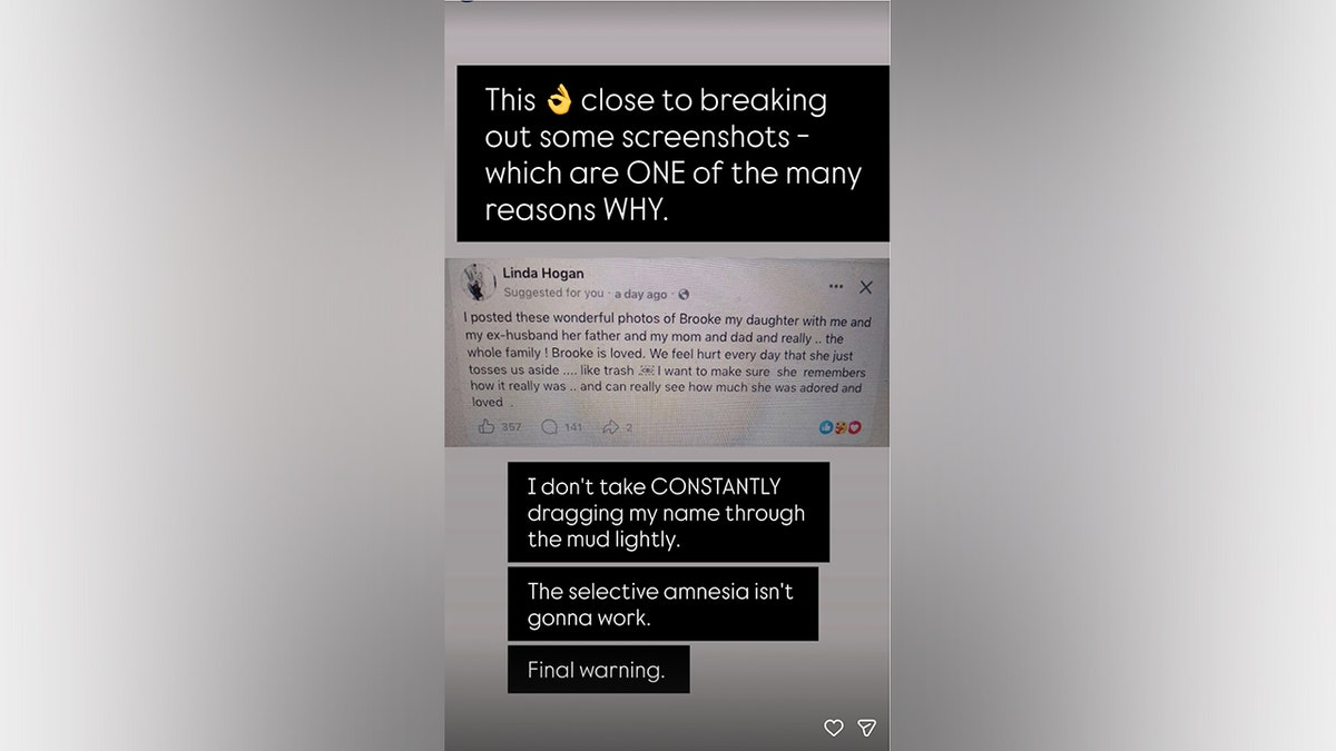 Screenshot of Brooke Hogan's Instagram Story showing a Facebook post from her mother, Linda Hogan. Brooke writes that she is close to releasing screenshots, says "the selective amnesia isn't gonna work," and ends her response with "Final warning."