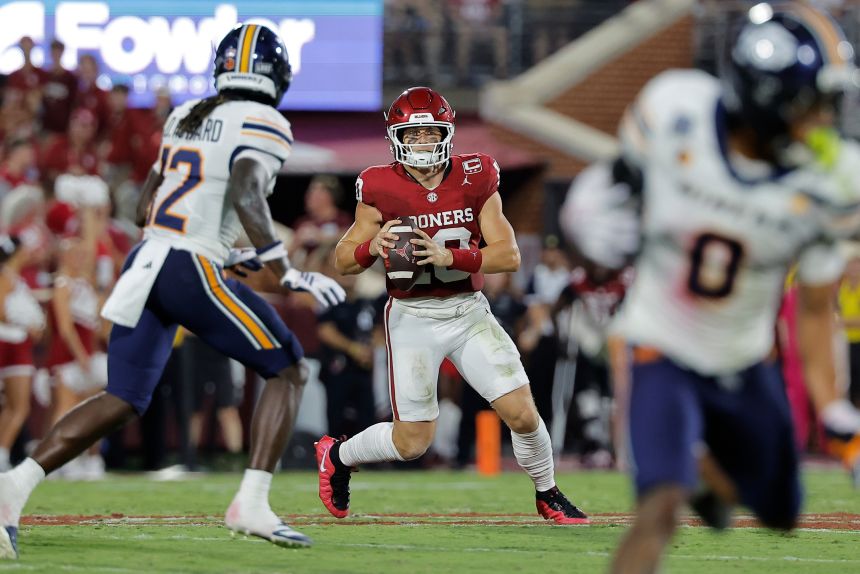 Oklahoma quarterback John Mateer (10) looks to pass against UTEP during the first half of an NCAA college football game in Norman, Oklahoma, on September 4.