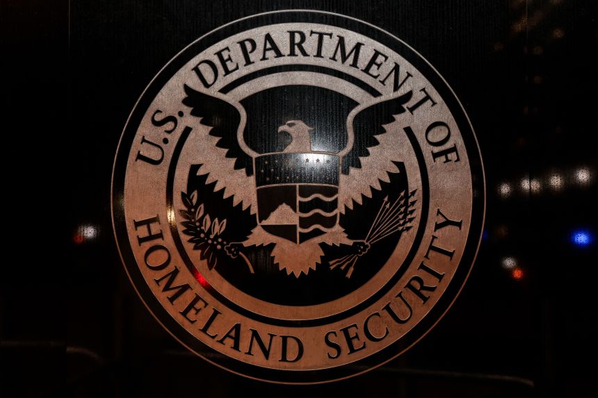 The US Department of Homeland Security emblem on the US Immigration and Customs Enforcement building as seen on January 7, in Washington, DC.