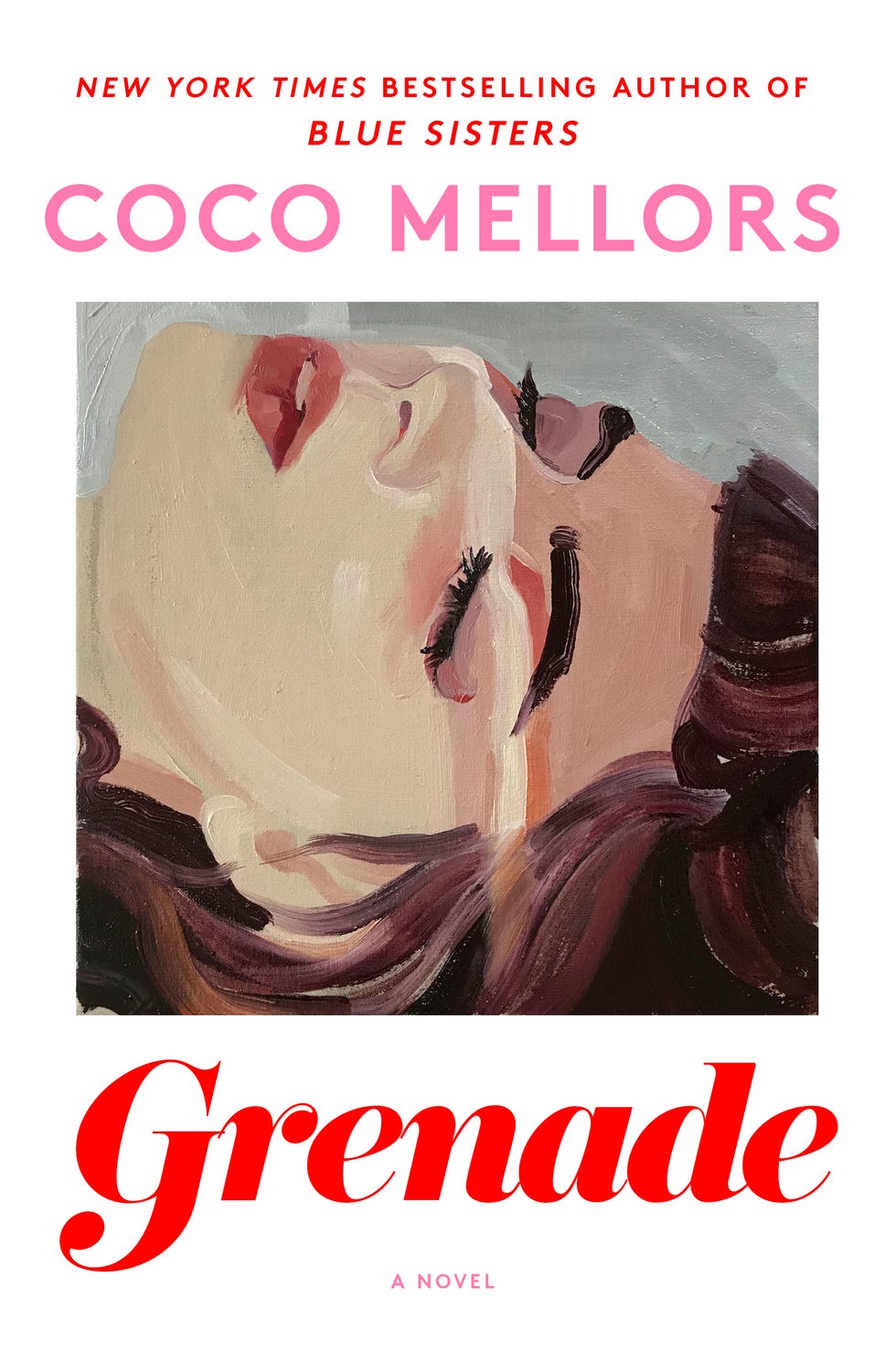 Cover art for the novel "Grenade" by Coco Mellors featuring a woman reclining with dramatic makeup. Cover art for the novel "Grenade" by Coco Mellors featuring a woman reclining with dramatic makeup.