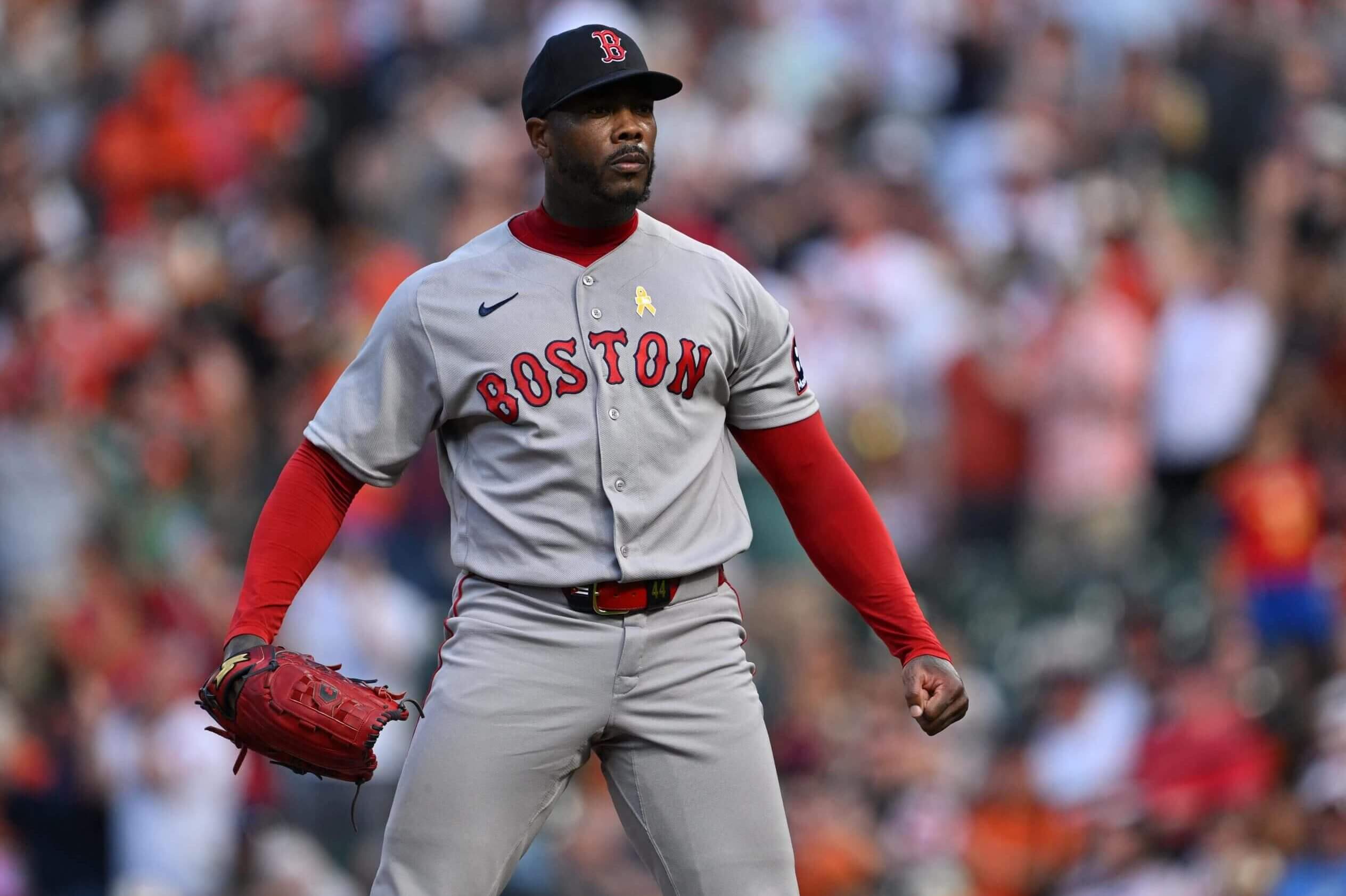 Boston Red Sox pitcher Aroldis Chapman celebrates after striking out the last batter in the ninth inning to seal the win over the Baltimore Orioles at Oriole Park at Camden Yards on September 6, 2026, in Baltimore, Maryland