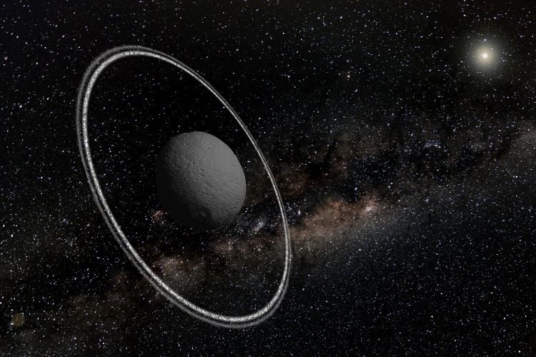 Artist's impression of Chariklo and its rongs. (Credit: Lucie Maquet, Observatoire de Paris - PSL)