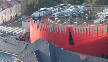 CH+K wraps jihlava arena in a jagged red aluminum crown