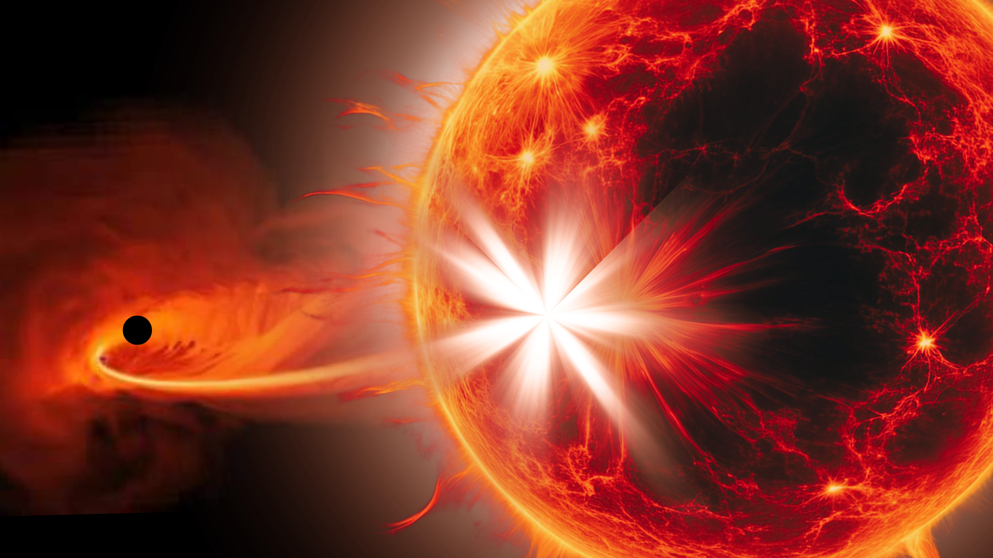 a large orange sphere with a red trail leading to a small black circle