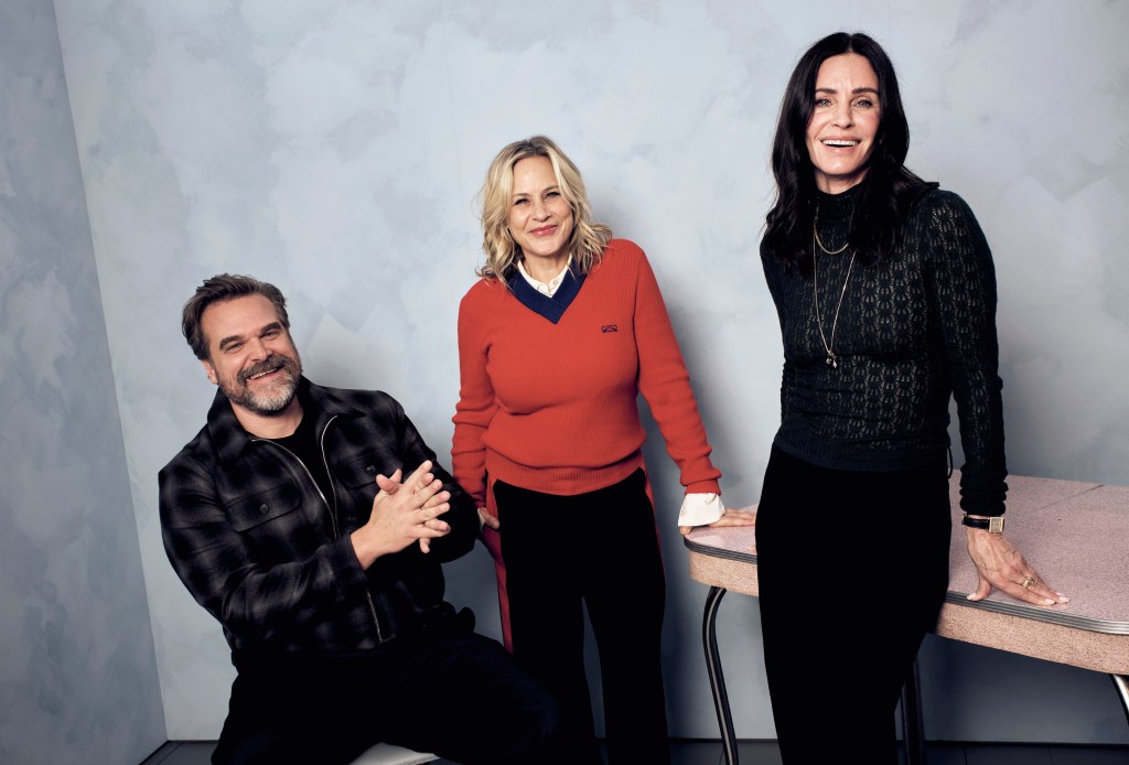 David Harbour, Patricia Arquette, and Courteney Cox of 'Evil Genius' pose in the Getty Images Portrait Studio.
