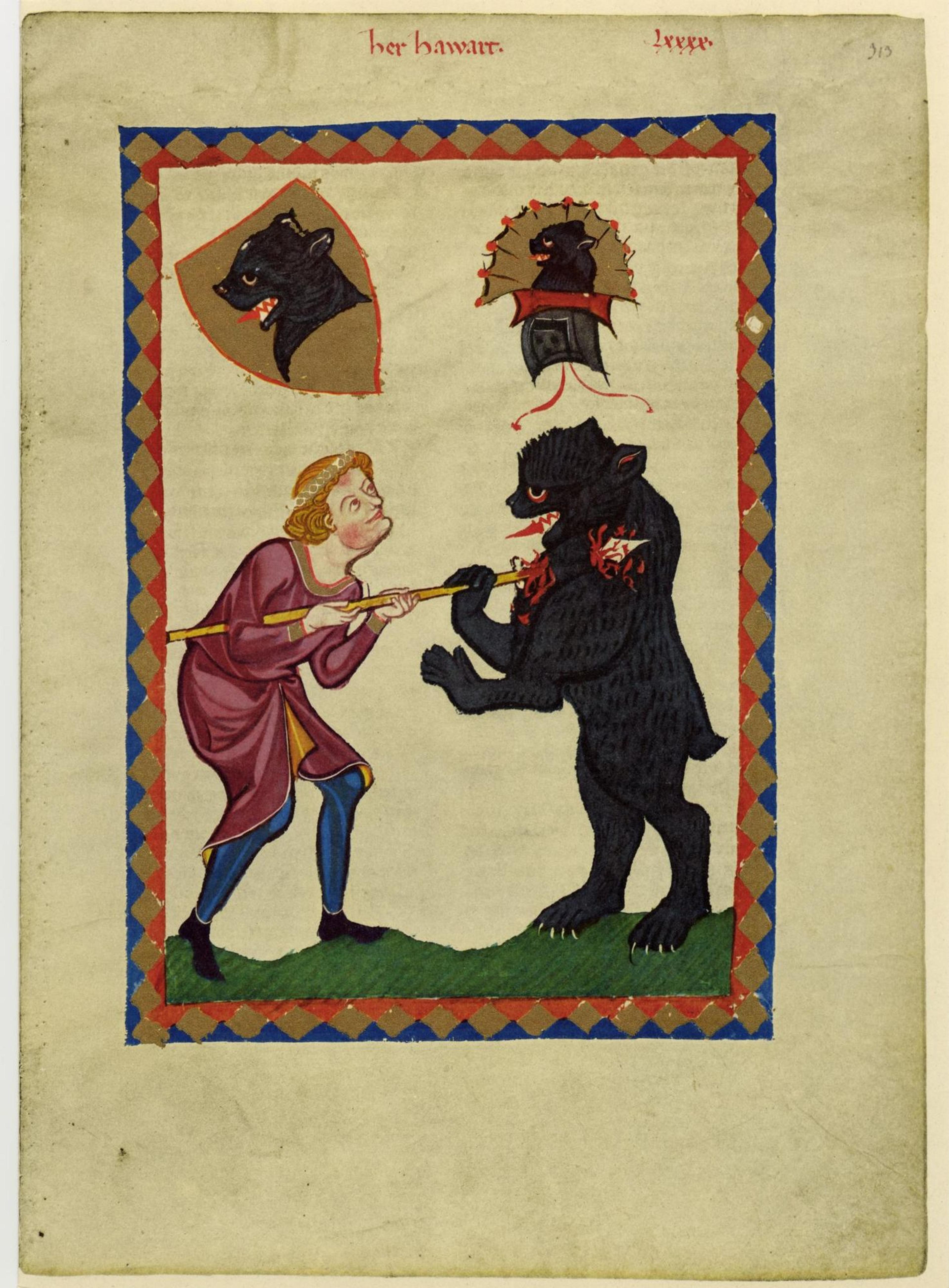 Medieval painting of a man fighting a bear with a spear, featuring heraldic bear motifs in a decorative border.