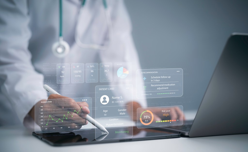 Illustration of a doctor using an AI patient monitoring interface on a laptop, showing vital signs, medical data, risk analysis, and recommendations.