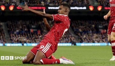 Cody Gakpo and Alexander Isak celebrate after the combined for the Swede to score Liverpool's second goal in their 2-0 win at Ipswich Town.