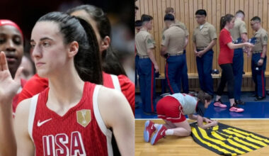 Caitlin Clark shares moment with Marine during Team USA practice