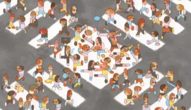 Illustrated overhead view of diverse people connected by coloured lines on white hexagonal platforms against a grey background