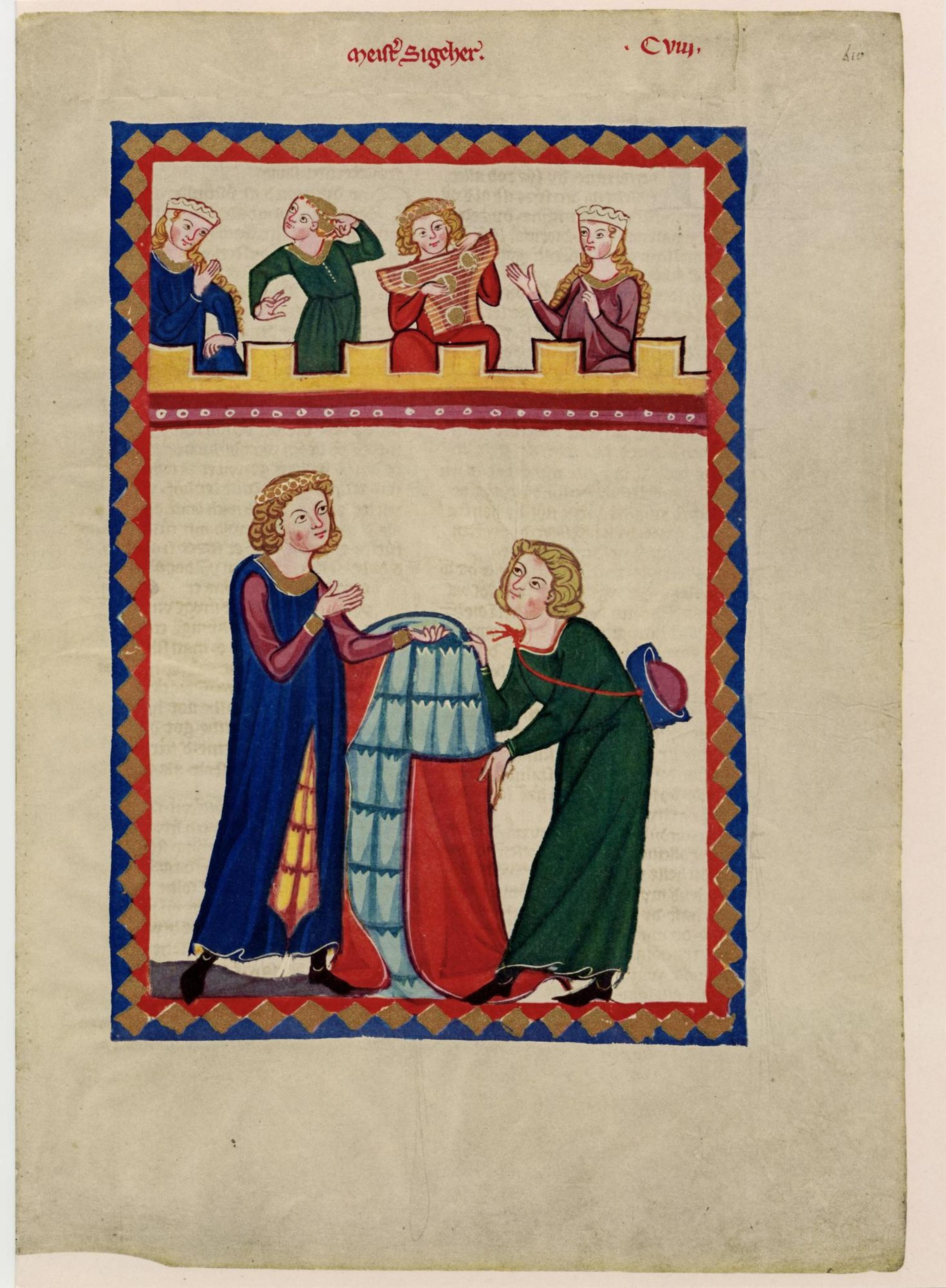 Medieval illustration depicting figures in colourful robes, with a musician playing a string instrument at the top.