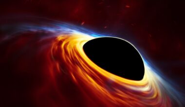 This artist’s impression depicts a rapidly spinning supermassive black hole surrounded by an accretion disc. Credit: ESO, ESA/Hubble, M. Kornmesser