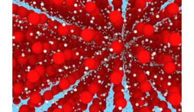 Image from simulation of ice XVIII. Oxygen ions (red) occupy a regular crystal lattice, while protons (white) diffuse like a liquid.