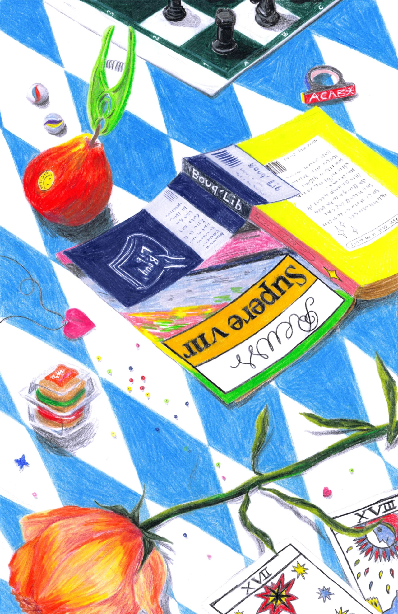 Colourful illustration with a blue and white geometric background featuring schoolbooks, a red apple, coloured pencils, a chess board and botanical elements
