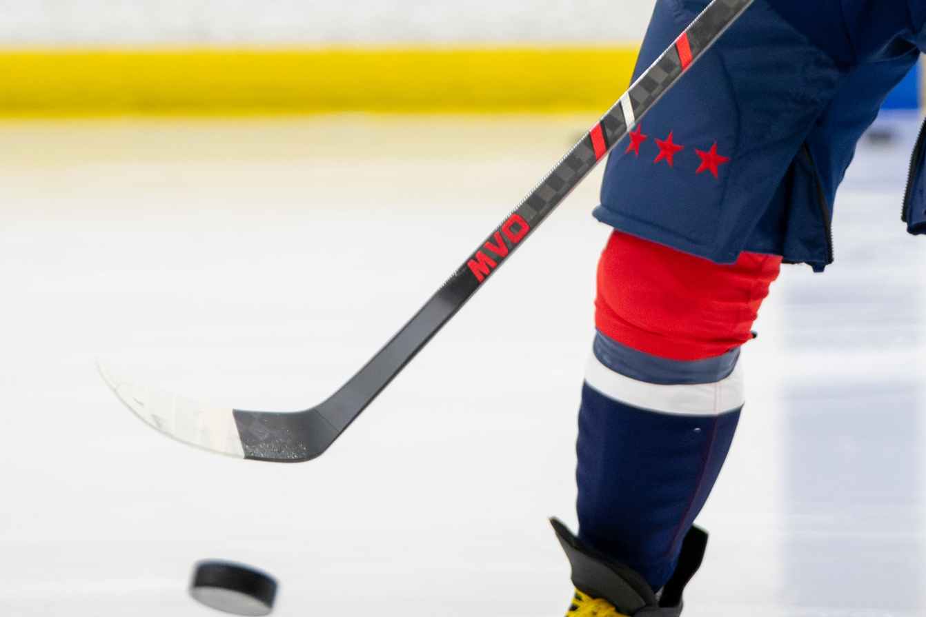 A close-up shot of Alex Ovechkin's stick, reading "MVO"