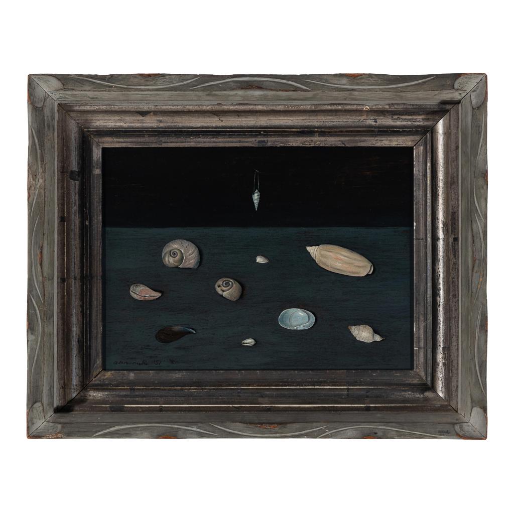 Painting titled "Alderman Merriam's Shells" by Gertrude Abercrombie, depicting various shells against a dark background.