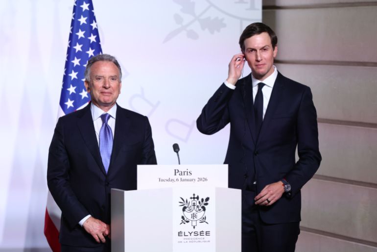 PARIS, FRANCE - JANUARY 6: (L-R) Steve Witkoff US Special Envoy and Jared Kushner attend a Press Conference during the 'Coalition Of The Willing' meeting at Elysee Palace on January 6, 2026 in Paris, France. Leaders from around 30 countries are gathering in Paris to discuss military support for Ukraine, amid ongoing negotiations on a US-brokered peace plan to end Russia's war in Ukraine. (Photo by Tom Nicholson/Getty Images)