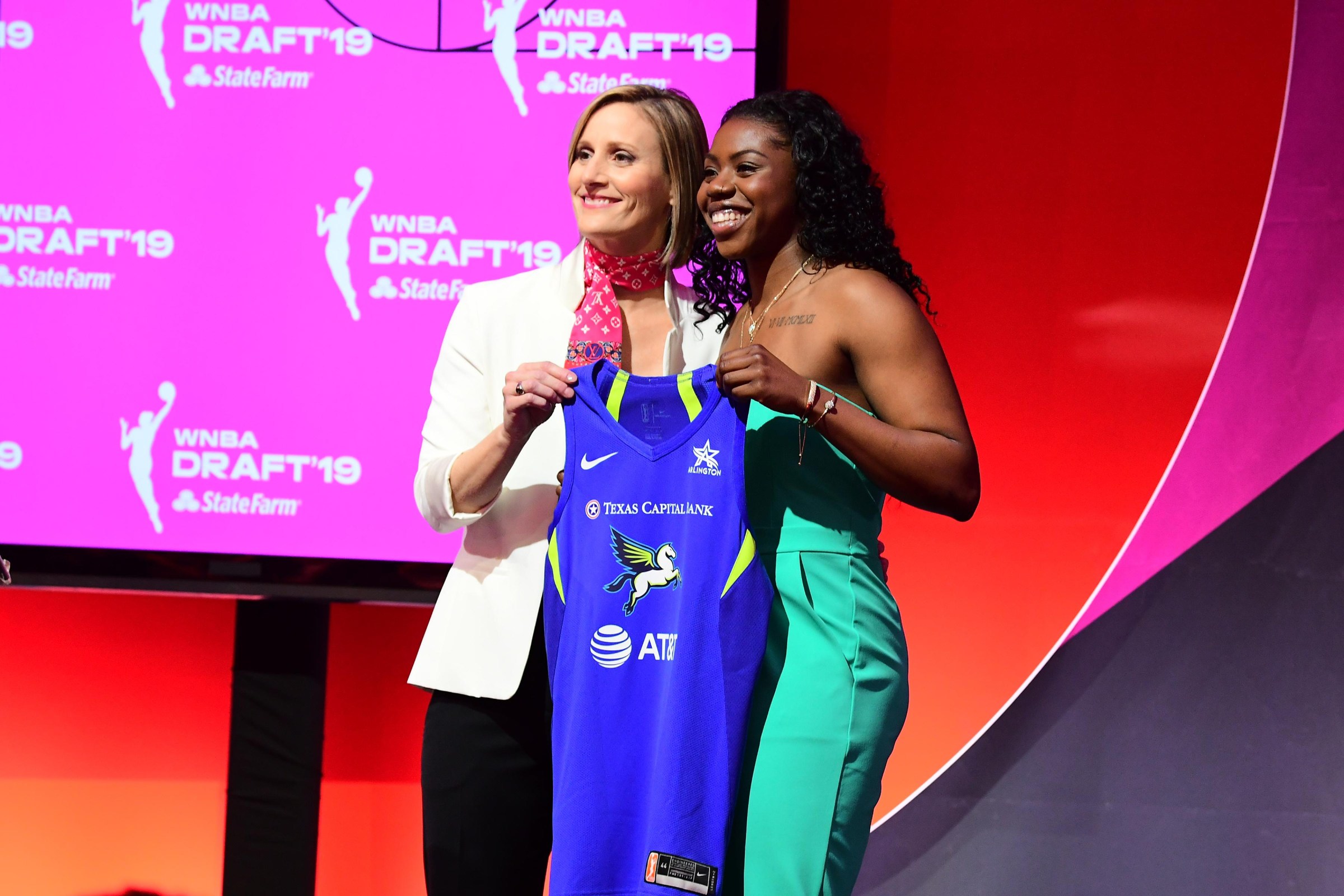NEW YORK, NY - APRIL 10: Christy Hedgpeth poses with Arike Ogunbowale after being drafted by the New York Liberty during the 2019 WNBA Draft on April 10, 2019 at Nike New York Headquarters in New York, New York. NOTE TO USER: User expressly acknowledges and agrees that, by downloading and/or using this photograph, user is consenting to the terms and conditions of the Getty Images License Agreement. Mandatory Copyright Notice: Copyright 2019 NBAE (Photo by Catalina Fragoso/NBAE via Getty Images)