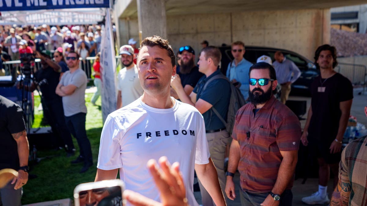 OREM, UTAH - SEPTEMBER 10: Charlie Kirk speaks at Utah Valley University on September 10, 2025 in Orem, Utah. Kirk, founder of Turning Point USA, was speaking at his 