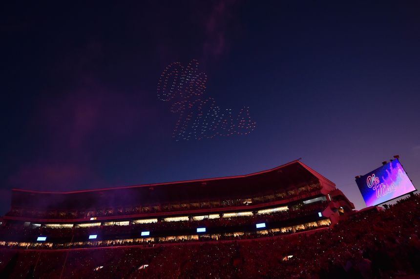 A general view of the inside of the stadium in the game between the Tulane Green Wave and the Ole Miss Rebels during the 2025 College Football Playoff First Round Game at Vaught-Hemingway Stadium on December 20, 2025 in Oxford, Mississippi.