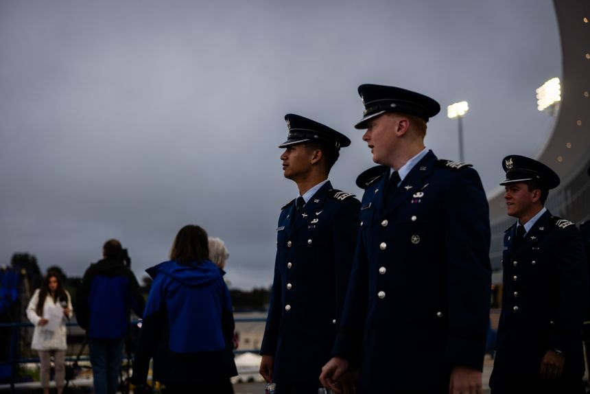 Cadets arrive for the Air Force Academy 2026 graduation ceremony in Colorado Springs, Colorado, on May 28.