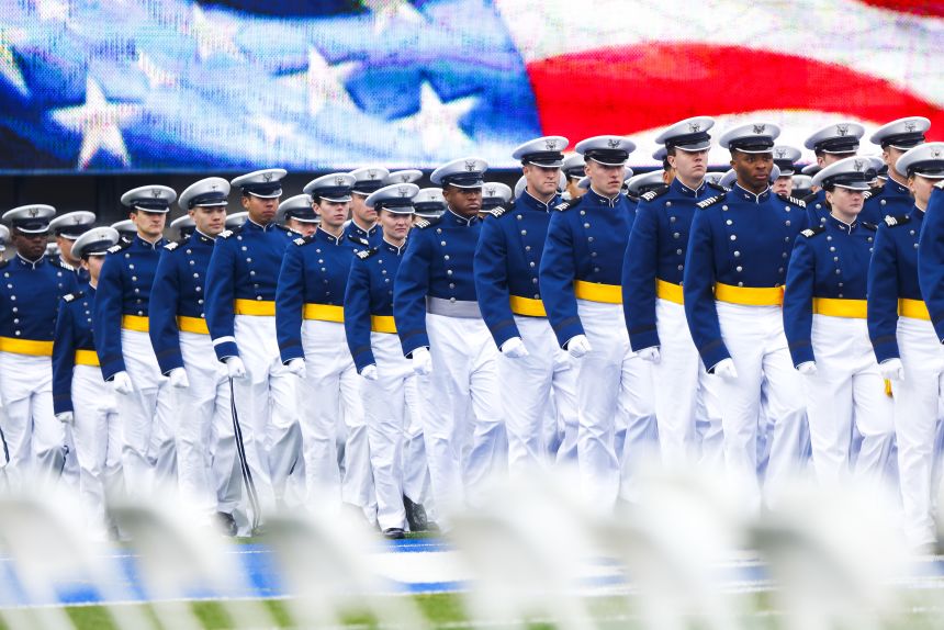 US Air Force Academy cadets march into Falcon Stadium during their graduation ceremony on May 28 in Colorado Springs, Colorado.