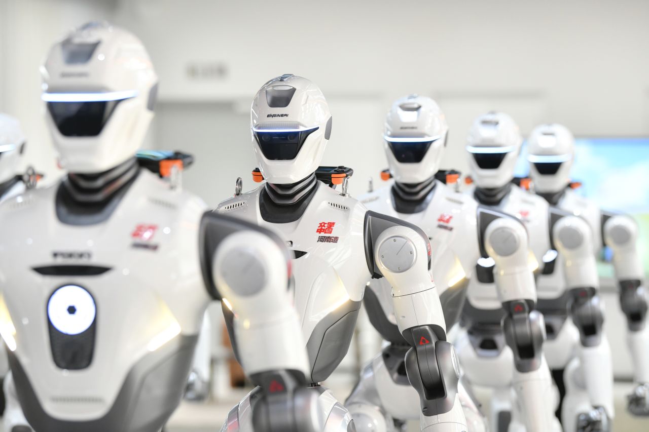 EngineAI T800 humanoid robots are on display after rolling off the production line at a production facility in Zhengzhou, China, on July 24.