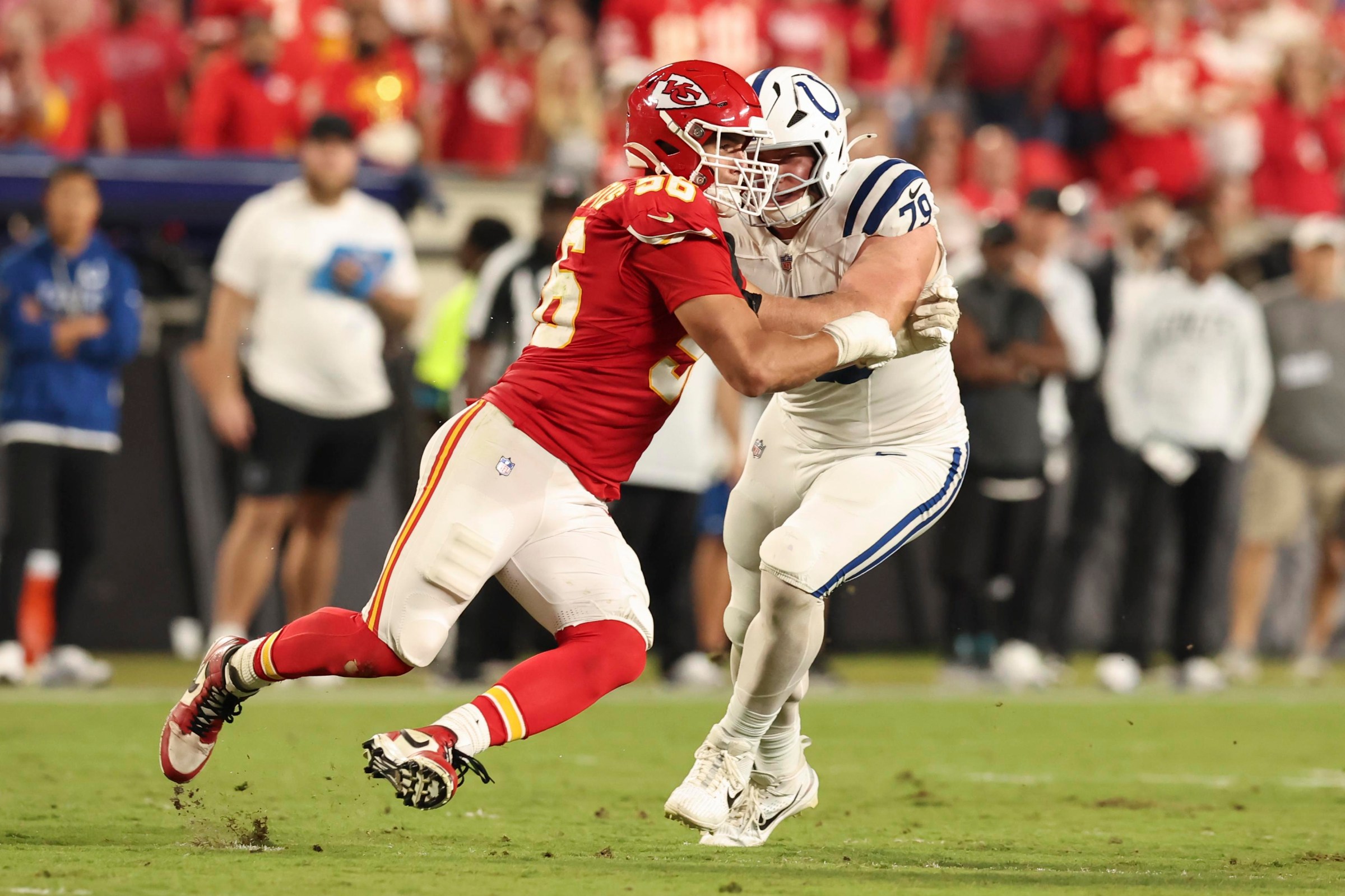 KANSAS CITY, MO - SEPTEMBER 20: George Karlaftis #56 of the Kansas City Chiefs rushes against Bernhard Raimann #79 of the Indianapolis Colts in the third quarter of an NFL game between the Indianapolis Colts and Kansas City Chiefs on Sep 20, 2026 at Arrowhead Stadium in Kansas City, MO. (Photo by Scott Winters/Icon Sportswire via Getty Images)