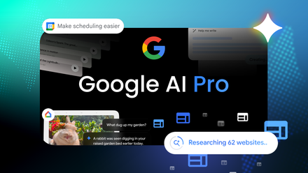 Google AI Pro logo surrounded by floating feature previews, on a blue-teal gradient background.