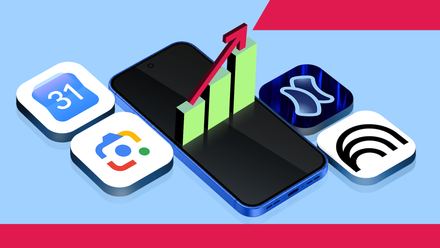 Google Calendar, Google Lens, Niagara Launcher, and NotebookLM shown around a smartphone, with a rising chart. (1)