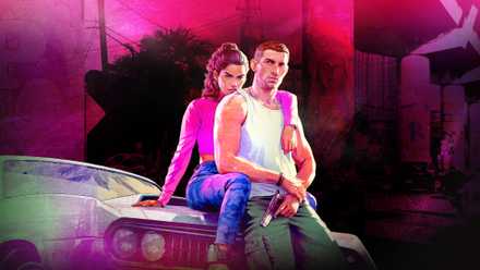 GTA 6 protagonists Jason and Lucia sit on top of a car together. Lucia holds on to Jason with a sidearm in her hand.