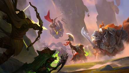 Artwork showing fantasy warriors battling