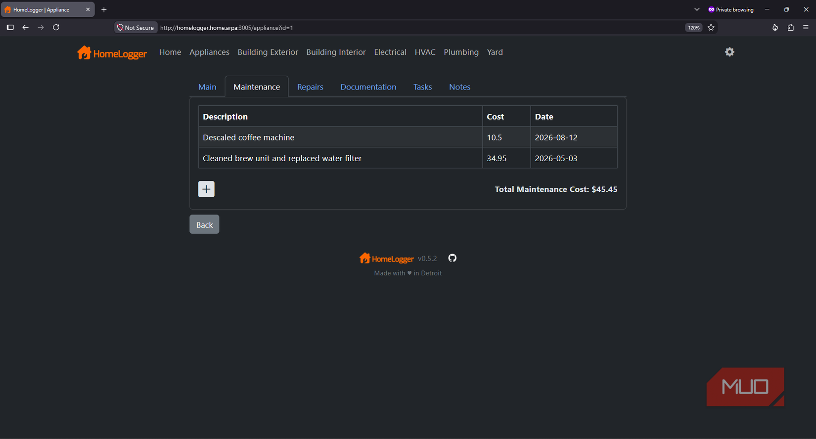 HomeLogger maintenance history for a Nivona coffee machine showing completed service records